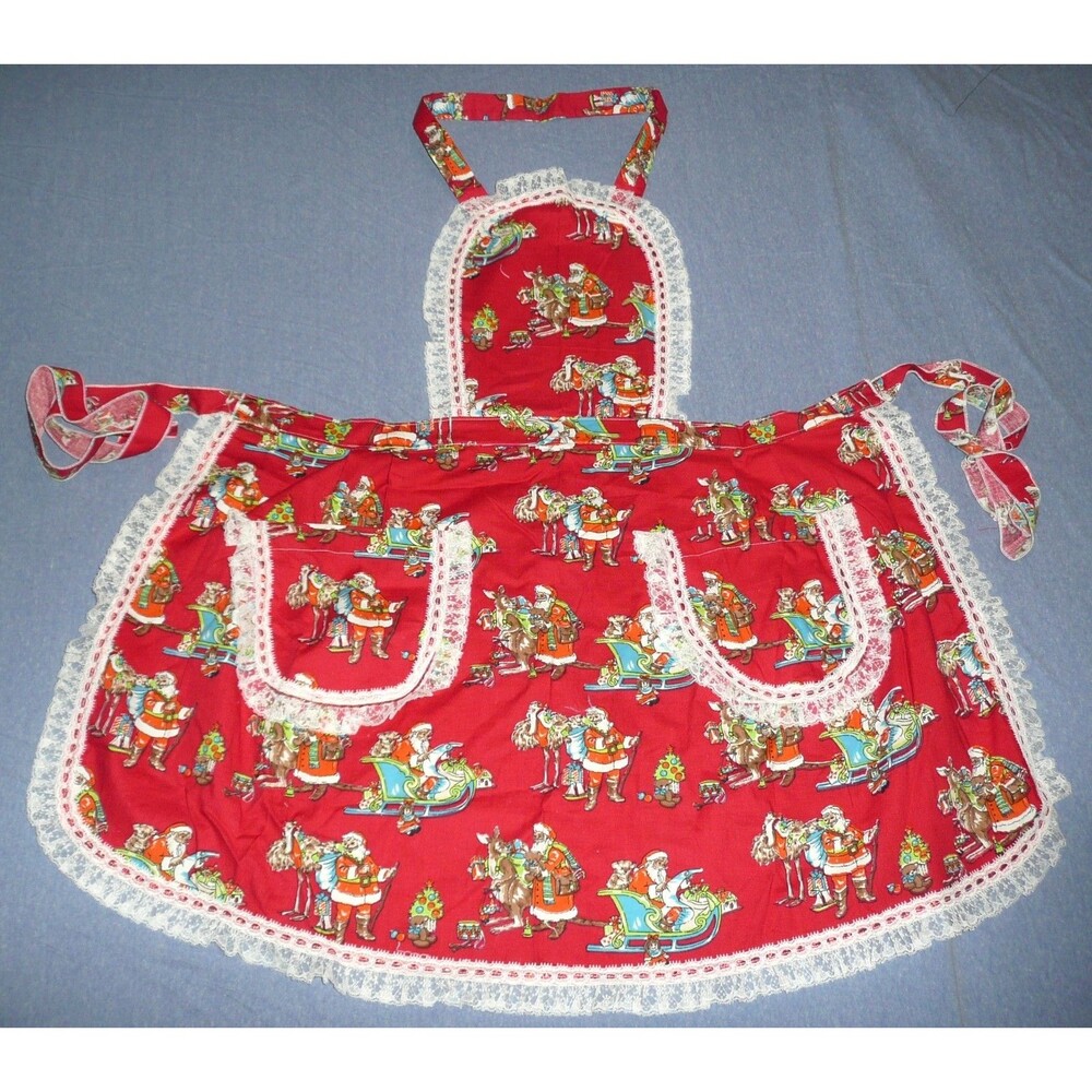 VTG Handmade Christmas Apron Santa with Kangaroo & Ostrich Australian Lace Bib